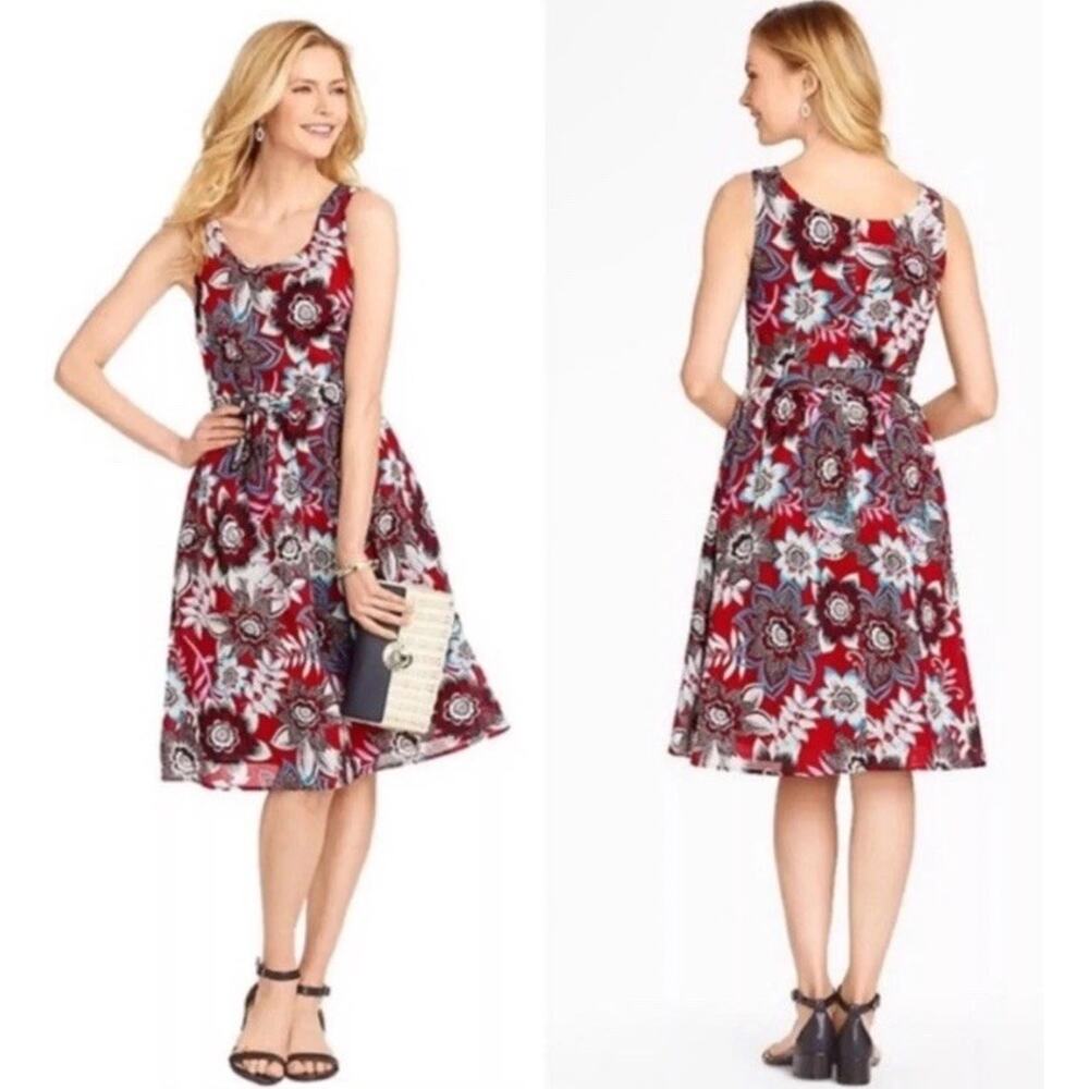 Talbots Salsa Red Jacobean Floral Cotton Dress Womens 10 Midi Tea Party‎ Classic